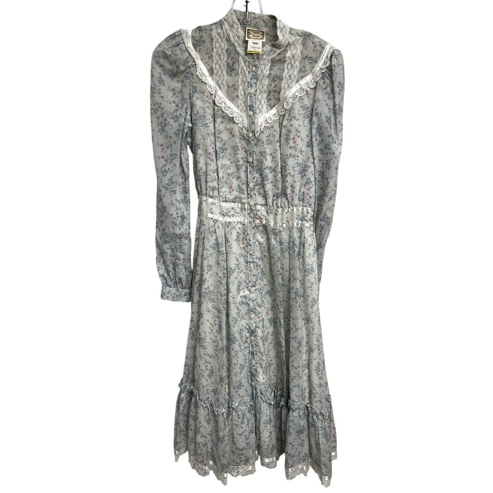 Gunne Sax Floral Midi Dress in Pale Blue and White
